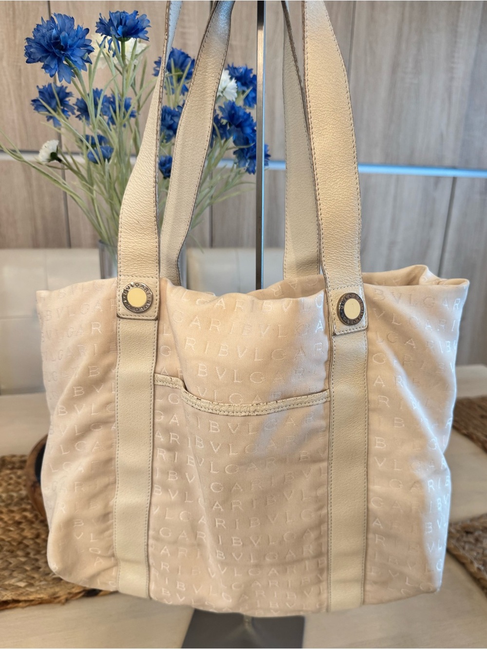Authentic Vintage BVLGARI Logomania Canvas Tote Bag + Attached Pochette